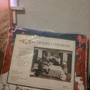 Elegant Floral Curtain and Quilt Set - Blue and Red